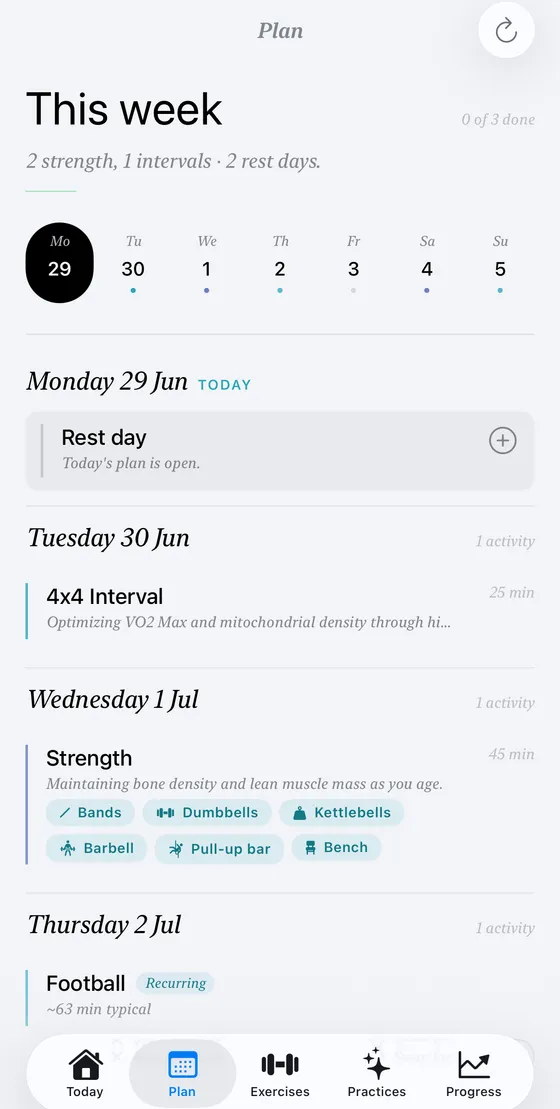 Fitovo Plan screen showing the week's sessions