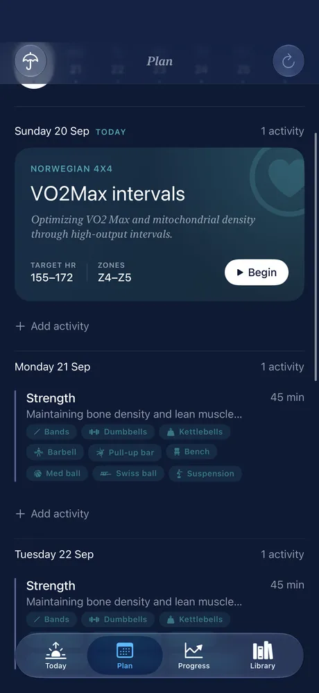 Fitovo Plan screen: a week of Norwegian 4×4 intervals and strength sessions with equipment tags