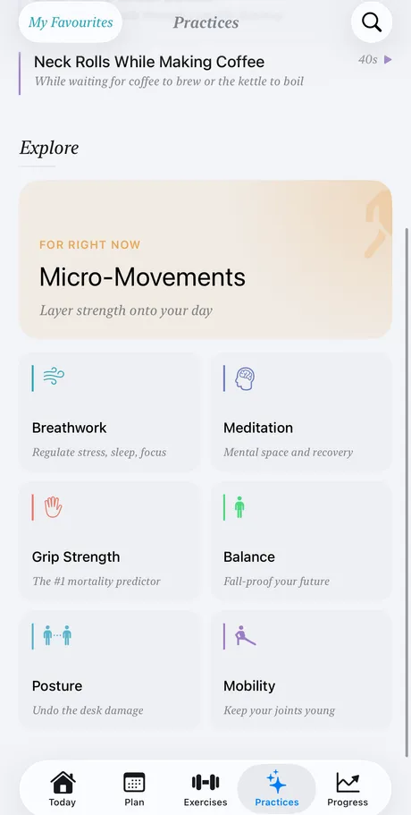 Fitovo Practices screen: breathwork, meditation, grip strength, balance, posture and mobility