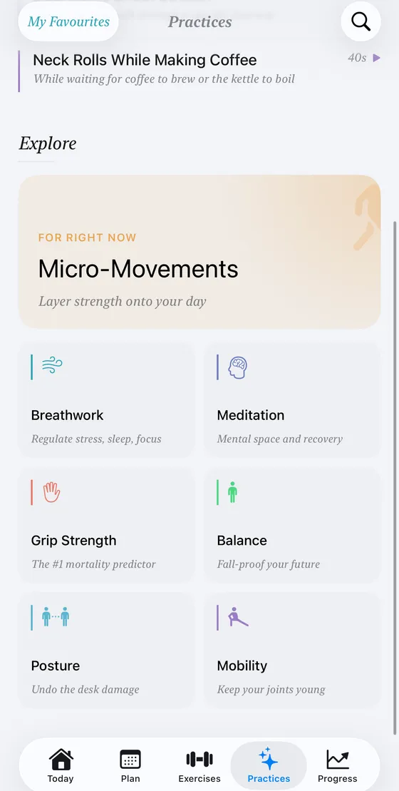 Fitovo Practices screen showing micro-movement options