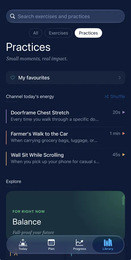 Fitovo Library, Practices tab: quick practices for today such as a doorframe chest stretch and a farmer's walk, and Balance to explore