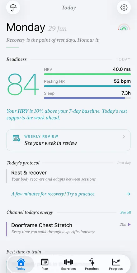 Fitovo Today screen showing a readiness score of 84