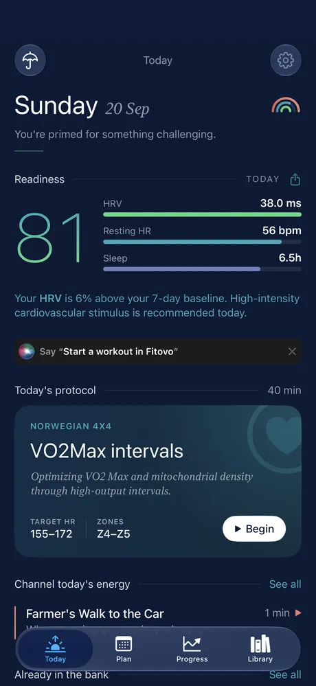 Fitovo Today screen: readiness 81 from HRV, resting heart rate and sleep, the reason in plain English, and today's 4×4 session